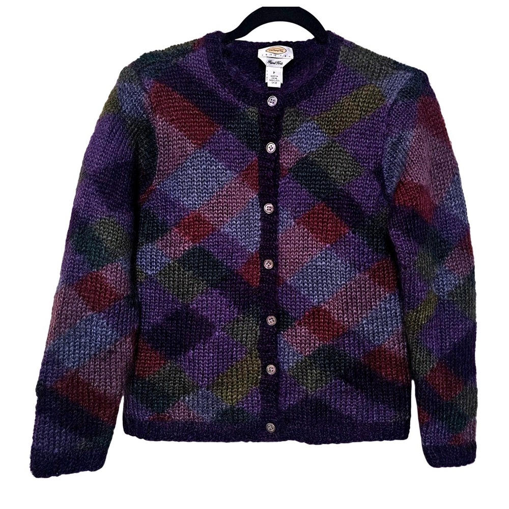 VTG Talbots Cardigan Sweater Medium Petite Purple Argyle Hand Knit Mohair Fuzzy
